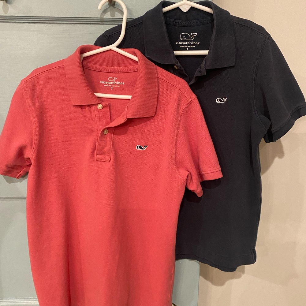 Boys Vineyard Vines Shirts - Pink/Coral and Navy. Size 7.